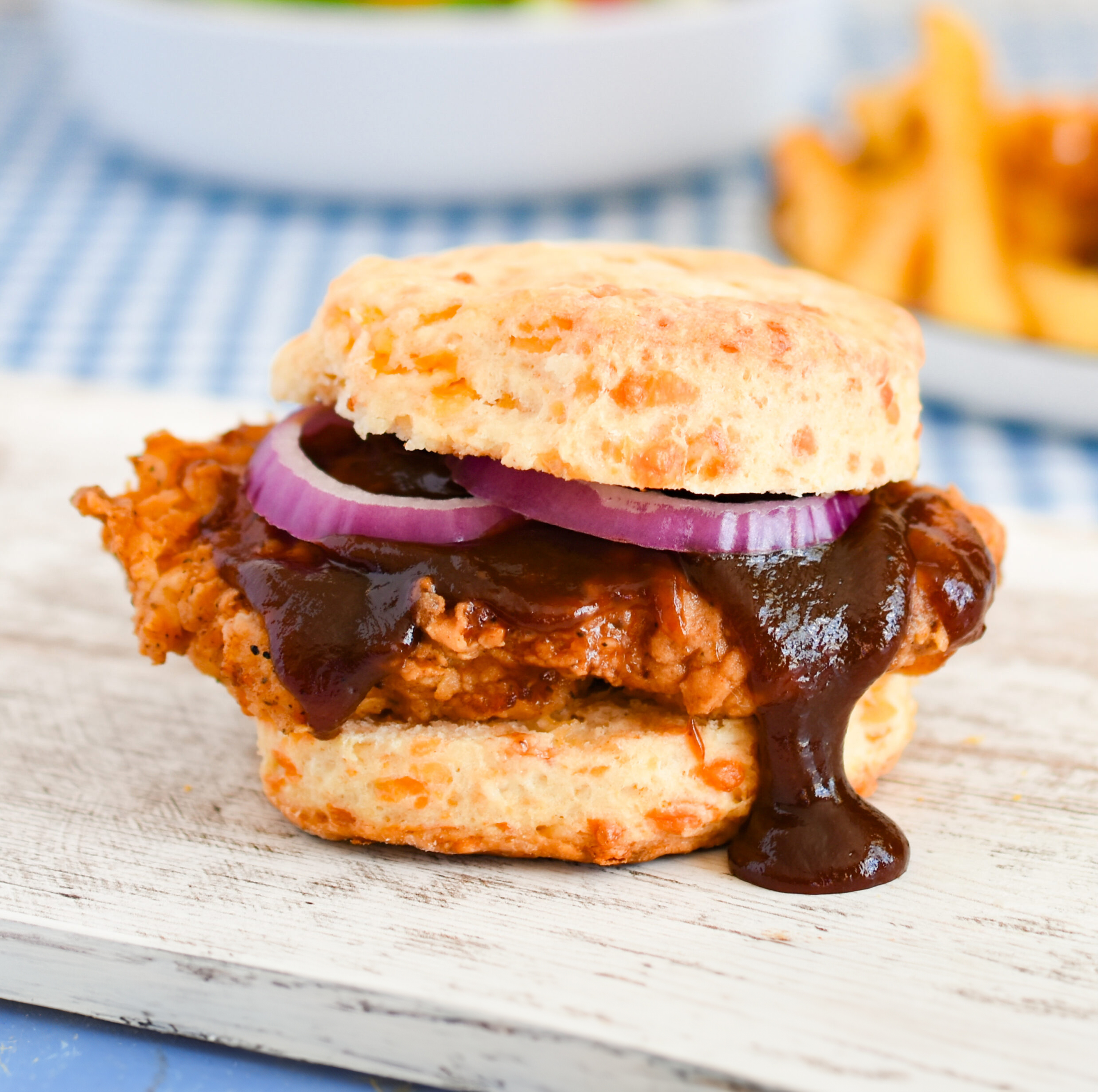 BBQ Fried Chicken Sandwich on a Cheddar Biscuit