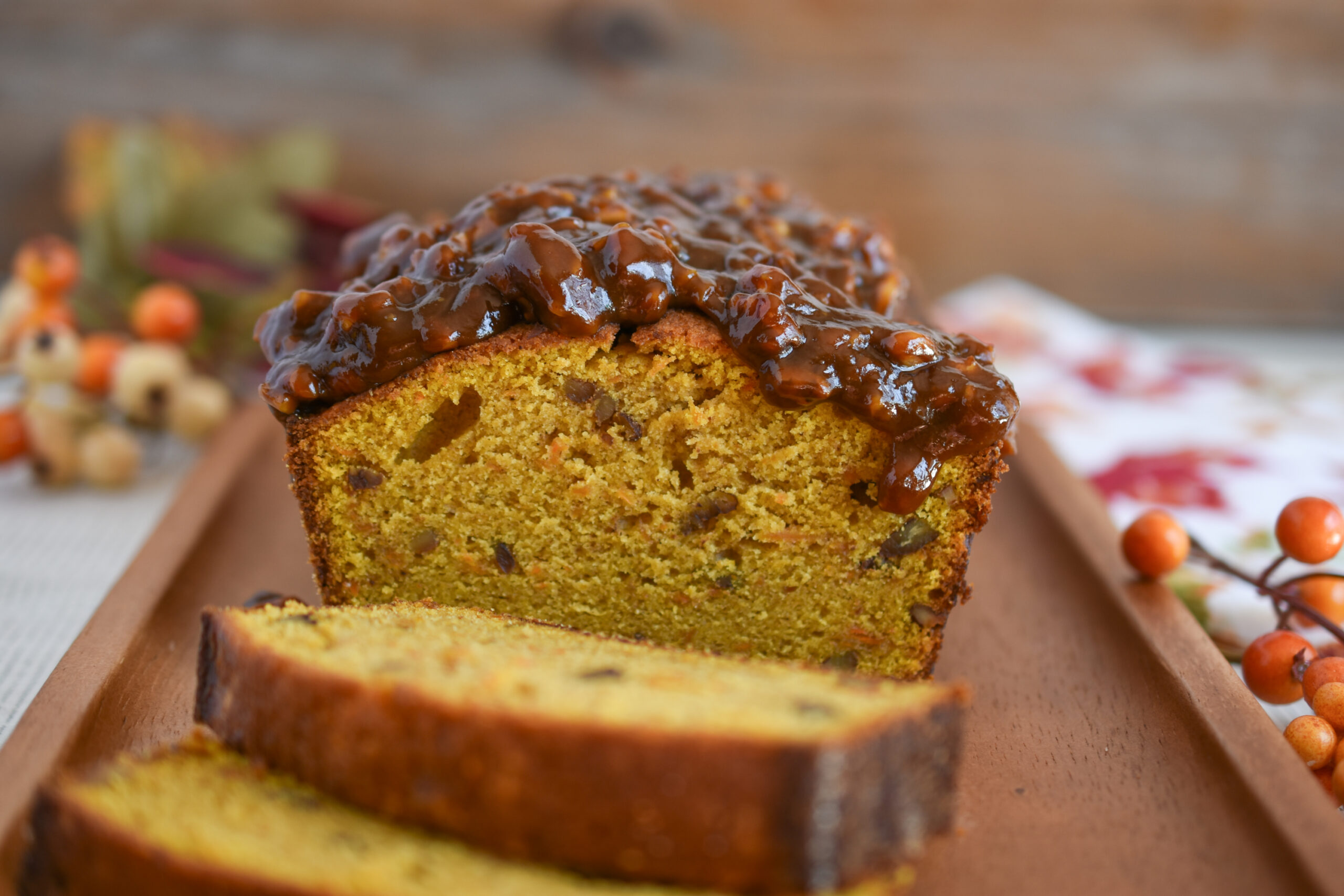 Pumpkin Pecan Bread with Gooey Pecan Sauce